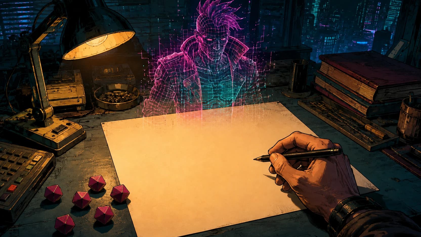 Mesa iluminada por luminária com uma folha de ficha em branco, uma mão segurando caneta sobre ela e dados de vinte faces ao lado. Acima do papel, a projeção em wireframe rosa e azul de um personagem cyberpunk tomando forma.