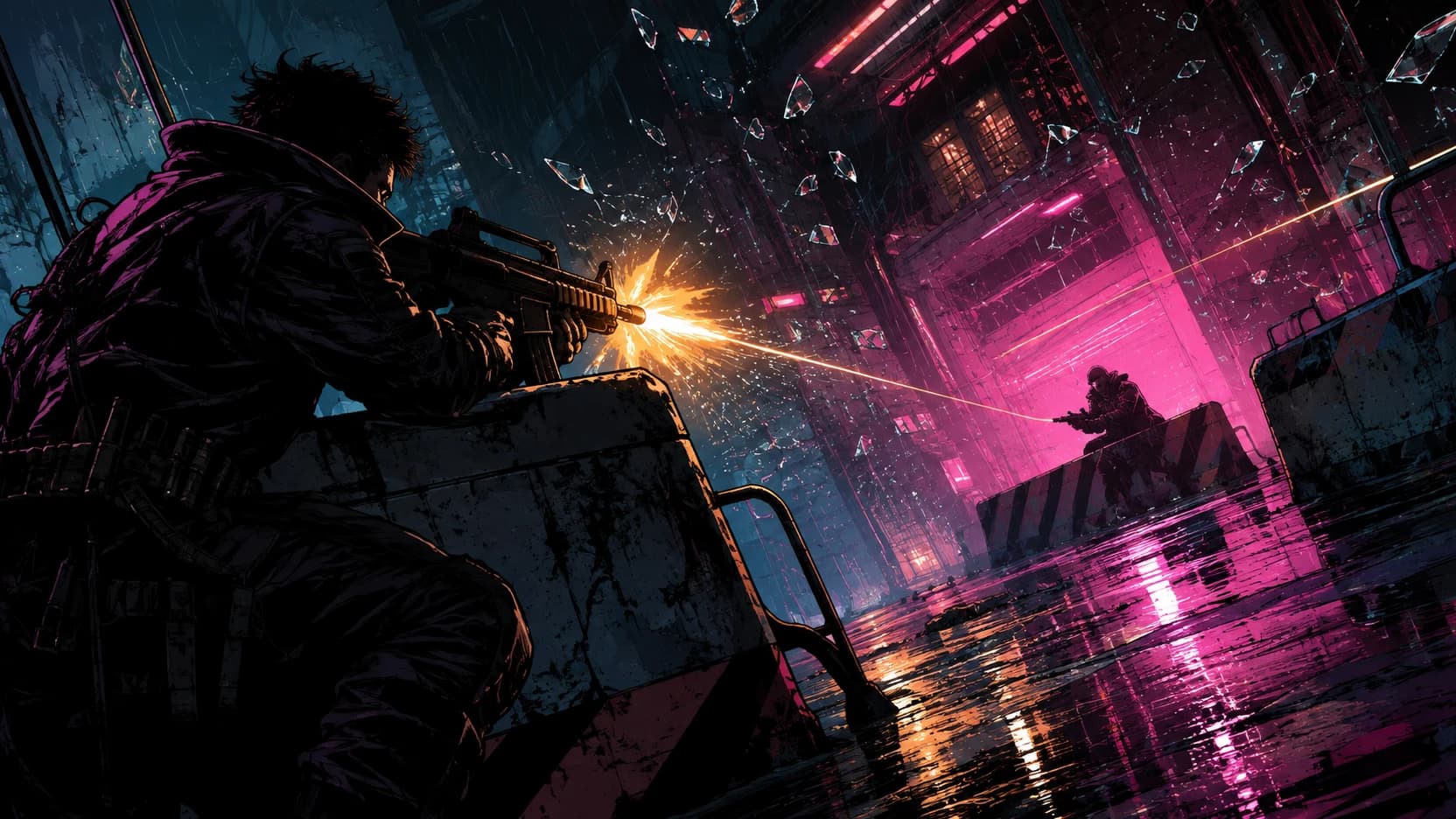 Tiroteio noturno sob chuva em rua de neon rosa: em primeiro plano um atirador dispara atrás de uma barricada, o clarão do cano ilumina cacos de vidro no ar, e ao fundo um segundo atirador responde de outra barreira.