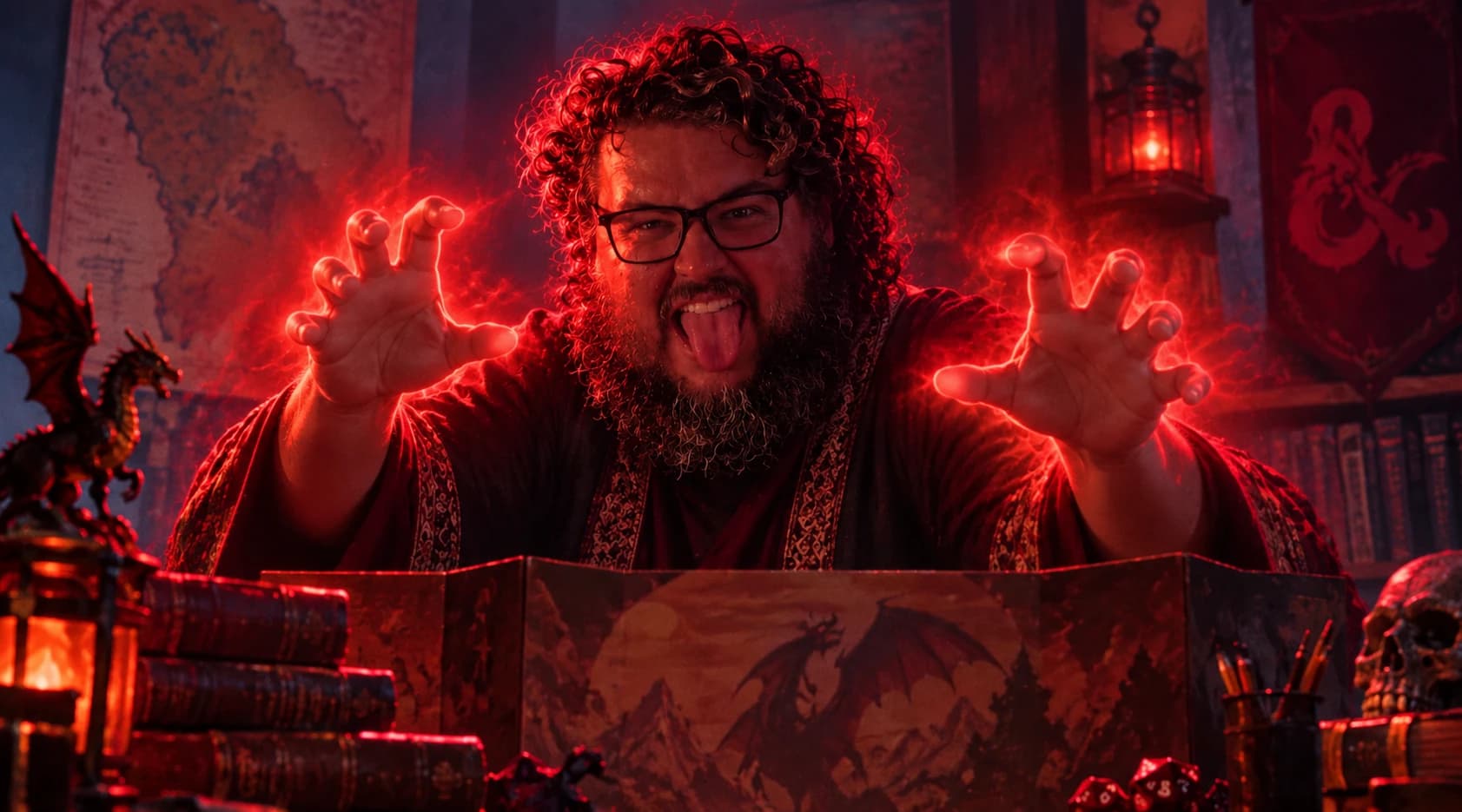 Um mestre de rpg, com uma cara de maluco, com mãos embuidas de energia vermelha, fazendo referência ao personagem Mestre Leroy do filme O Último Dragão.