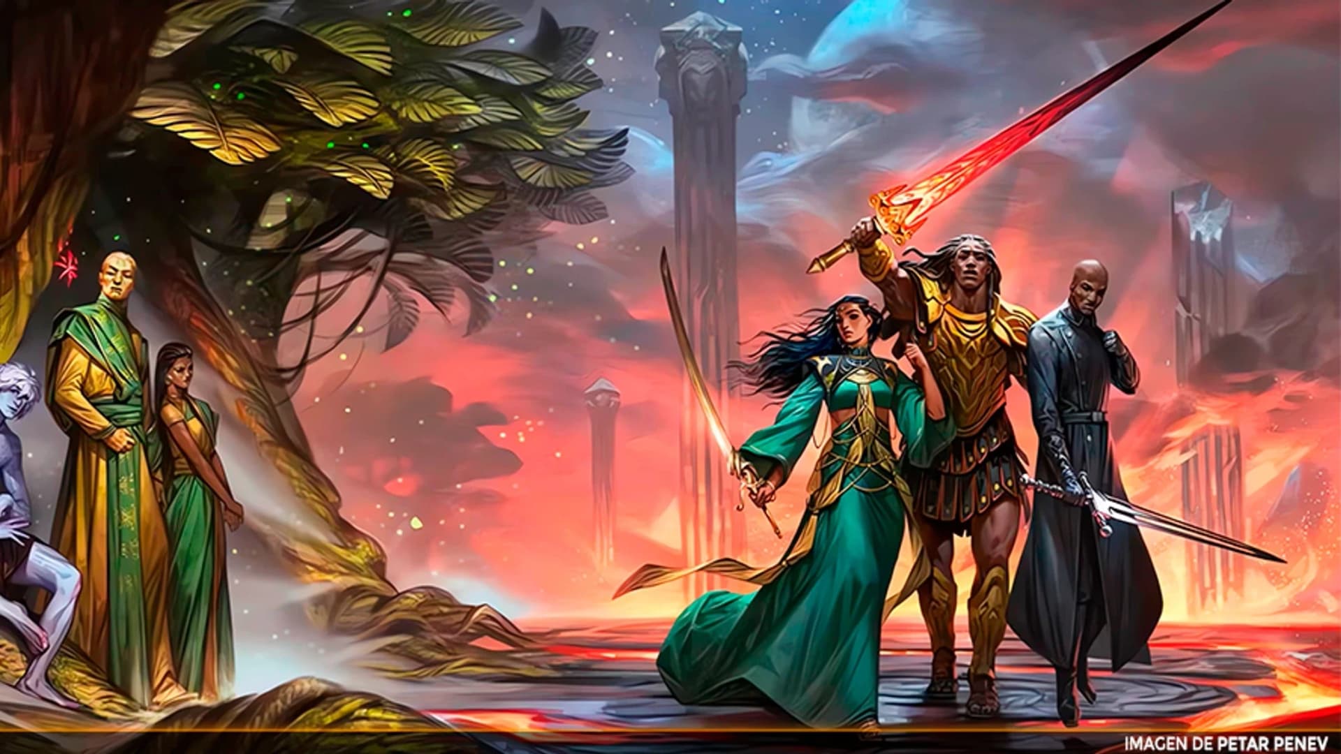 Grupo de personagens de Cosmere RPG numa paisagem de céu vermelho e colunas de pedra: uma mulher de vestido verde empunhando uma espada fina, um guerreiro de armadura dourada erguendo uma lâmina em chamas e um homem de sobretudo escuro com espada baixa. À esquerda, sob uma árvore de folhas douradas, outras figuras observam. Crédito ao artista Petar Penev no rodapé.