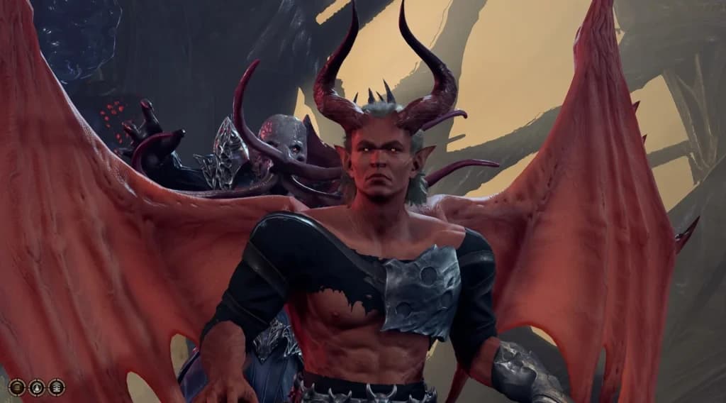Captura de tela de personagem demoníaco com chifres retorcidos e grandes asas de morcego vermelhas encarando a câmera