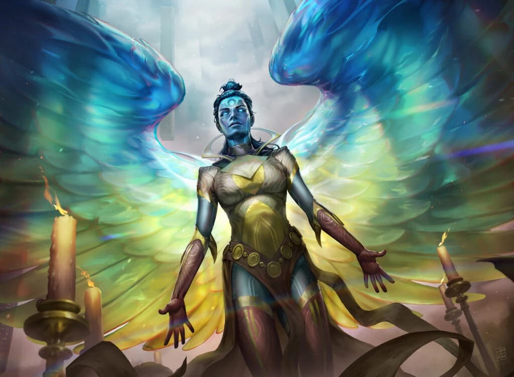Ilustração de figura angelical de pele azul e armadura dourada, com grandes asas iridescentes, entre velas acesas.