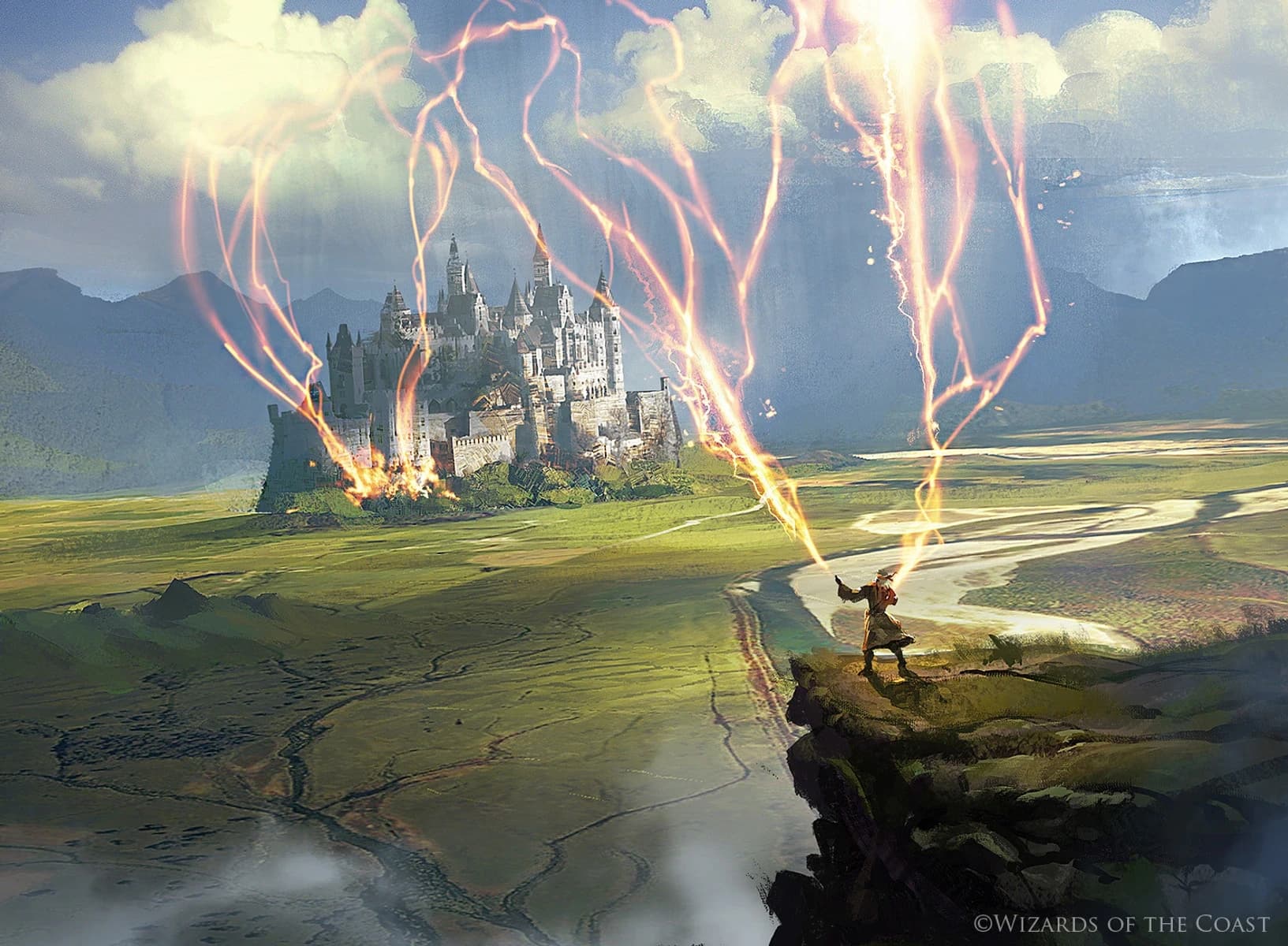 Arte de fantasia de um mago sobre um penhasco conjurando raios flamejantes contra um castelo branco distante, do outro lado de um vale verdejante.