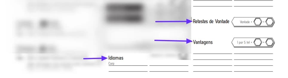 Detalhe da ficha de Fragged Empire com setas indicando os campos Retestes de Vontade, Vantagens e Idiomas.