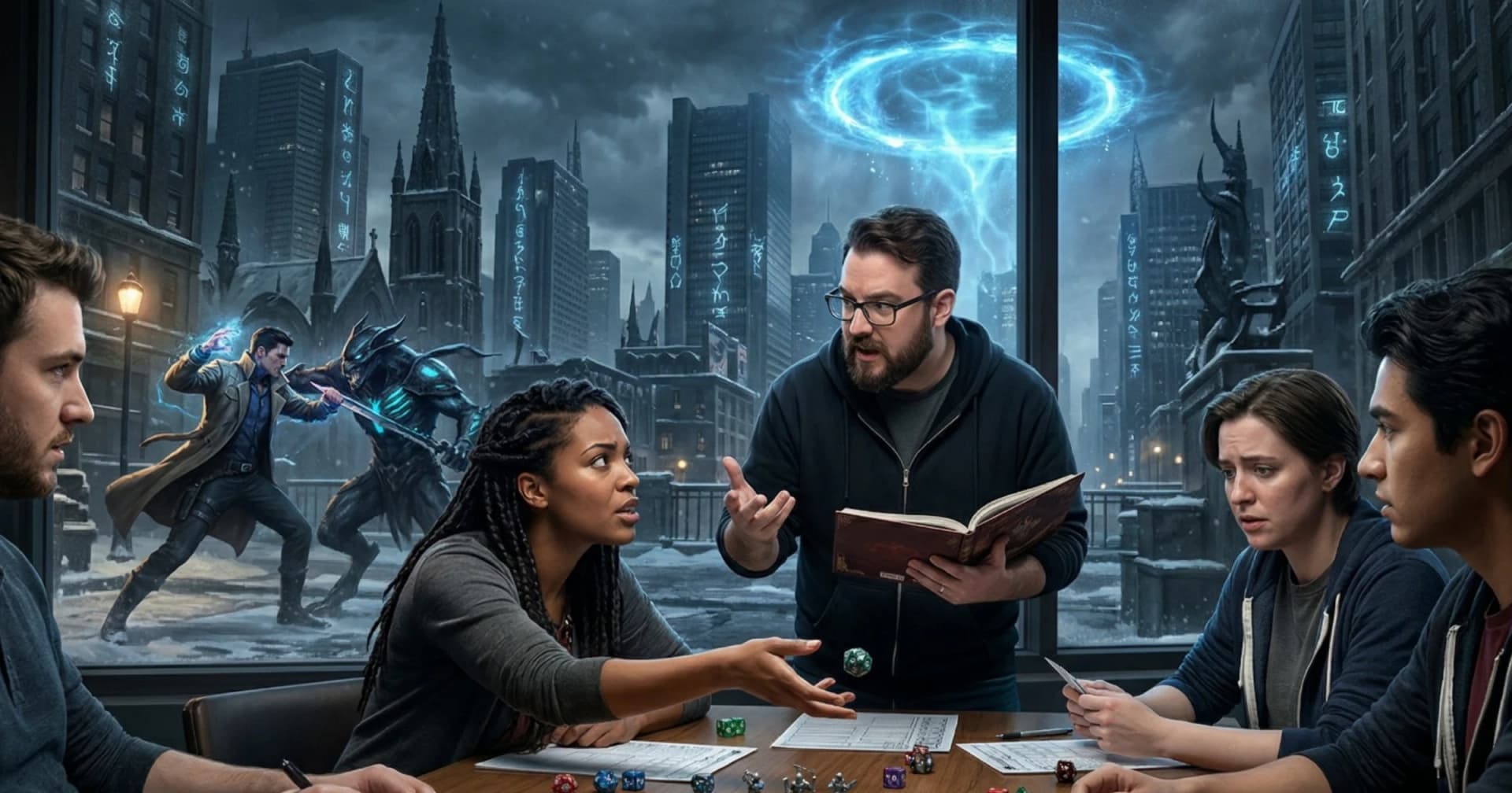 Render de um grupo de RPG à mesa, com um mestre barbado segurando um livro, e ao fundo uma cena de fantasia urbana: uma cidade sombria e nevada com runas brilhantes e um investigador enfrentando um demônio.
