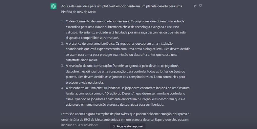 Captura de tela do ChatGPT listando ideias de reviravoltas para uma aventura de RPG ambientada em planeta deserto.