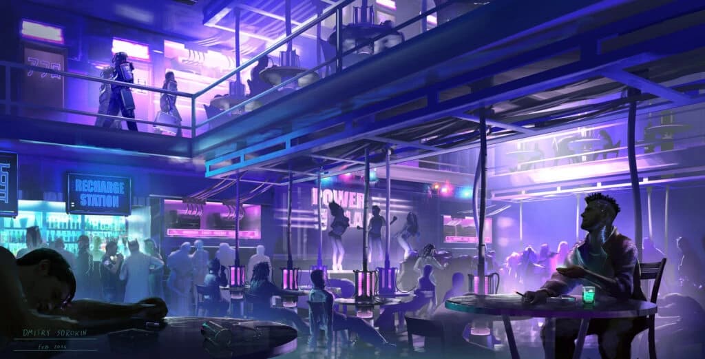 Arte conceitual cyberpunk de balada neon em dois andares, com dançarinos, luzes roxas e letreiro Recharge Station ao fundo.