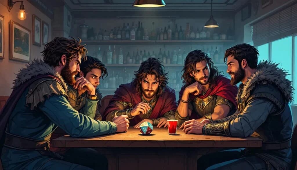 Ilustração de cinco aventureiros barbados reunidos ao redor de mesa de taverna, com dado de vinte lados e copo vermelho ao centro.