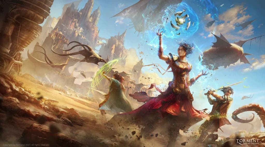 Arte do jogo Torment: Tides of Numenera, uma mulher de vestido vermelho conjurando magia azul num deserto fantástico com criaturas voadoras.