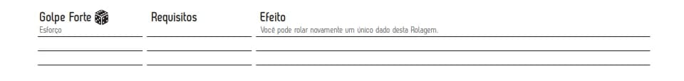 Detalhe da ficha de Fragged Empire com as colunas Golpe Forte, Requisitos e Efeito preenchidas com regras de rolagem.