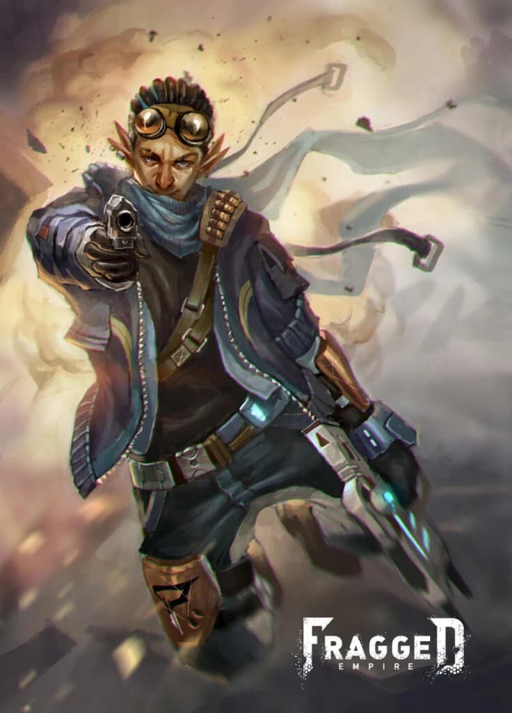 Arte de personagem humanoide de orelhas pontudas e óculos na testa correndo enquanto aponta uma pistola, cercado de fumaça.
