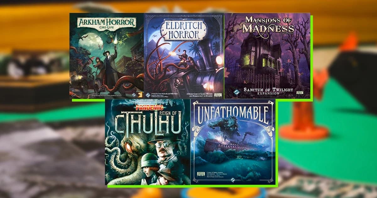 Cinco caixas de jogos de tabuleiro de horror lovecraftiano reunidas: Arkham Horror Card Game, Eldritch Horror, Mansions of Madness, Pandemic Reign of Cthulhu e Unfathomable.