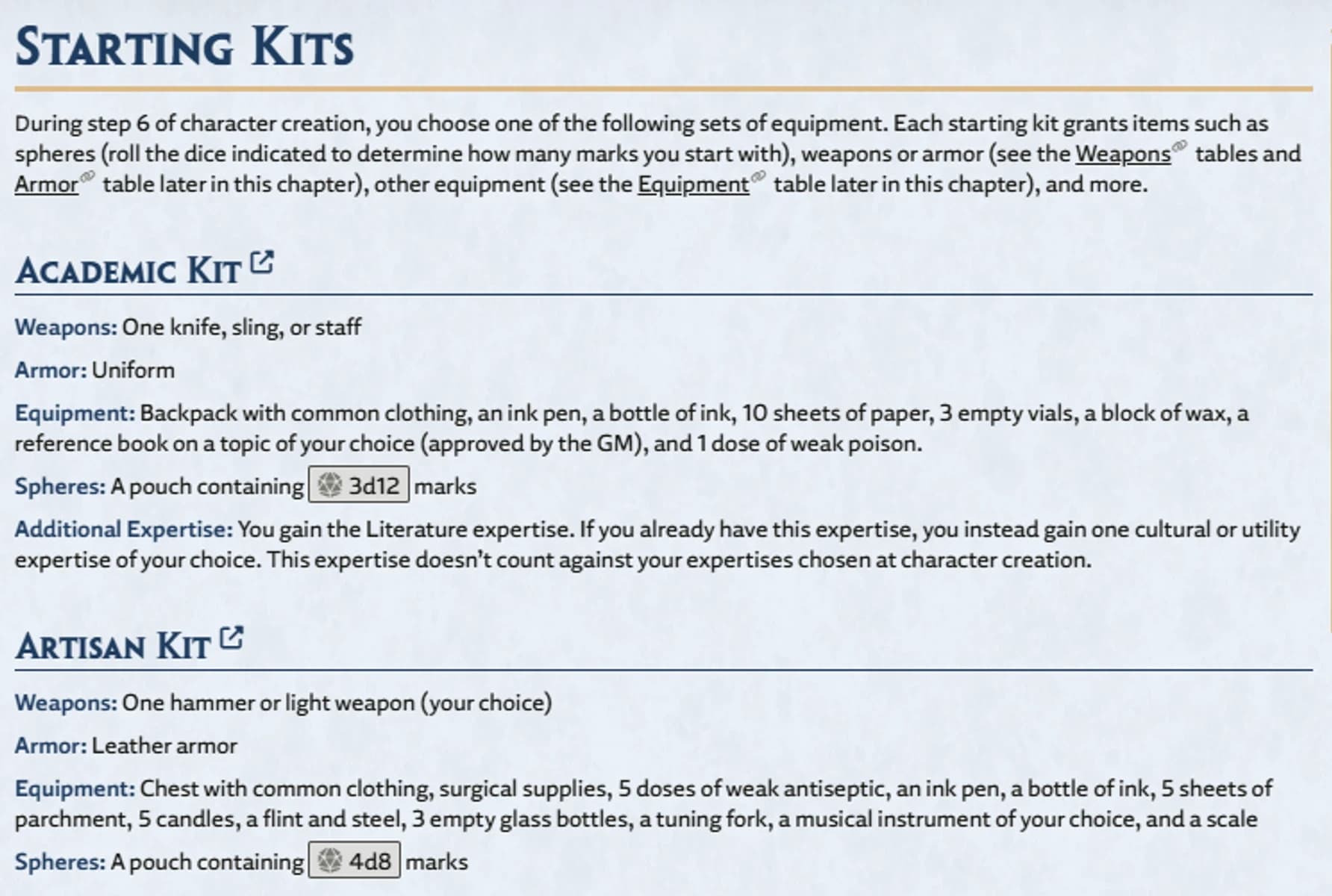 Seção 'Starting Kits' do livro do Cosmere RPG, descrevendo os kits iniciais Acadêmico e Artesão com armas, armadura e equipamento