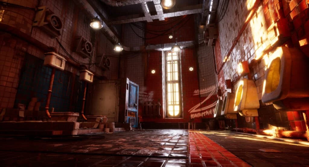 Render de ambiente de jogo: banheiro industrial decadente com azulejos vermelhos, canos enferrujados, mictórios e luz alaranjada pela janela.