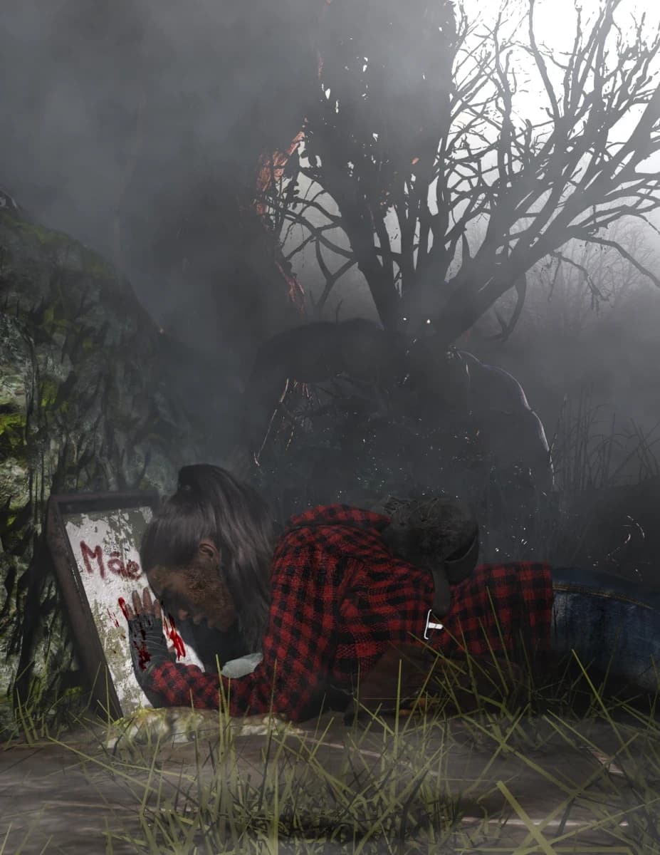 Render de horror: uma pessoa de camisa xadrez vermelha caída no chão agarrada a um porta-retratos escrito Mãe com uma marca de mão ensanguentada, e uma criatura chifruda surgindo no nevoeiro atrás.