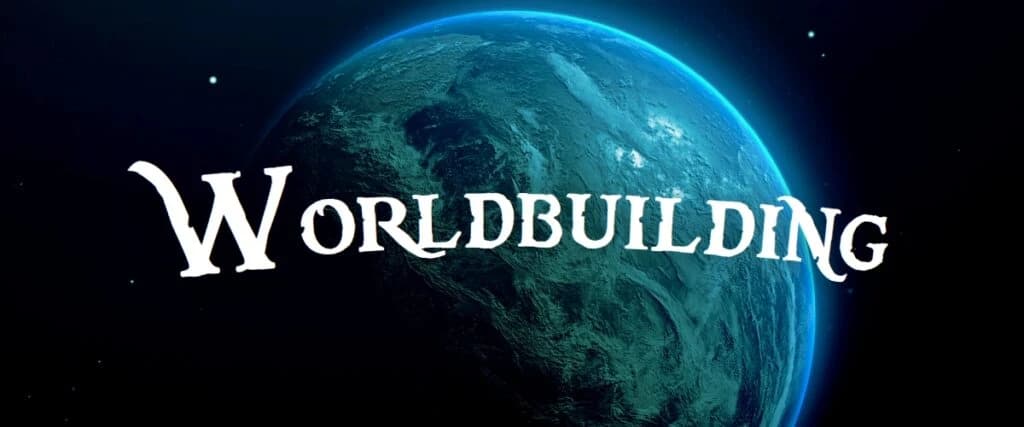 Palavra Worldbuilding em letras brancas sobre um planeta azul iluminado no espaço estrelado.