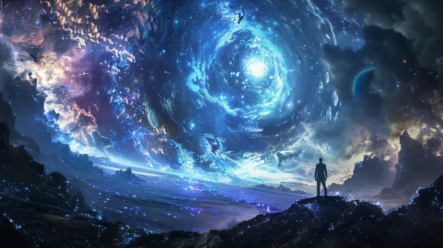 Arte de uma figura solitária diante de um vórtice cósmico de estrelas e nebulosas azuis, evocando o patrono Grande Antigo