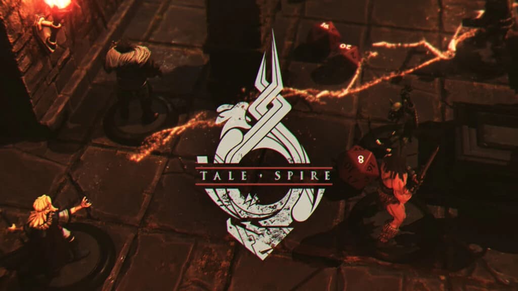 Logo do TaleSpire sobre cena de masmorra iluminada com miniaturas de personagens e dados de vinte lados espalhados pelo chão de pedra.