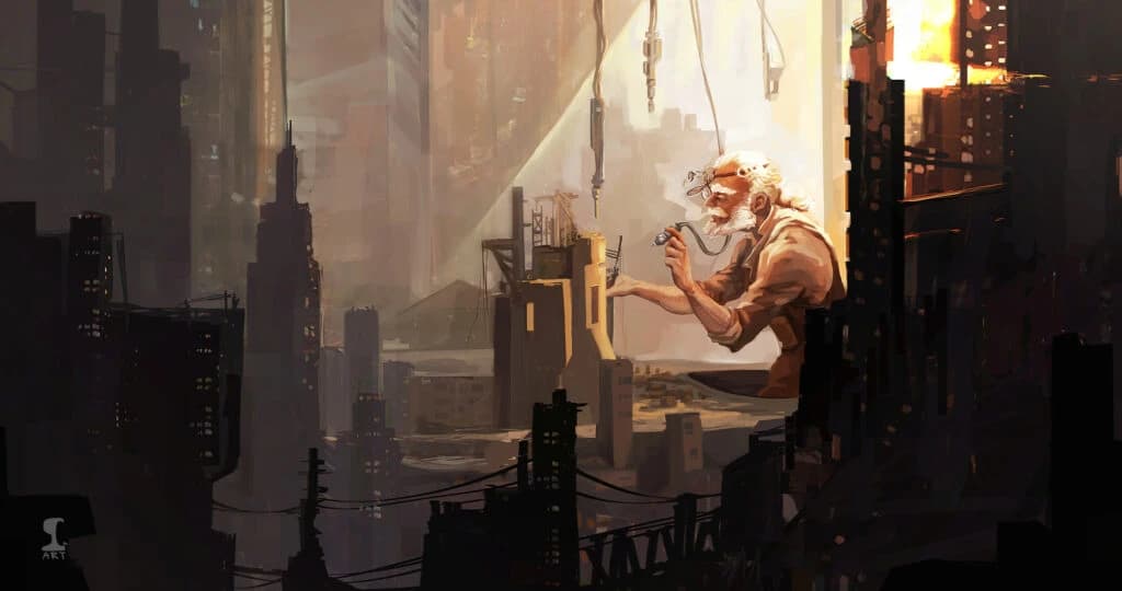 Arte digital de homem idoso de cabelos brancos trabalhando numa máquina entre arranha-céus sombrios de uma metrópole futurista.