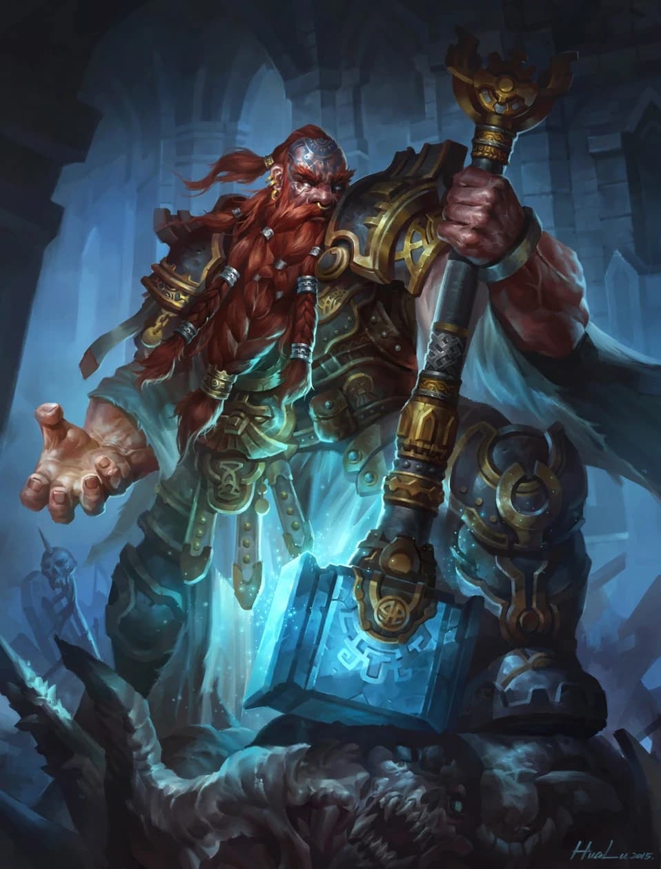 Anão clérigo de barba ruiva em armadura ornamentada, empunhando um martelo de guerra azul luminoso e conjurando magia radiante num salão gótico.