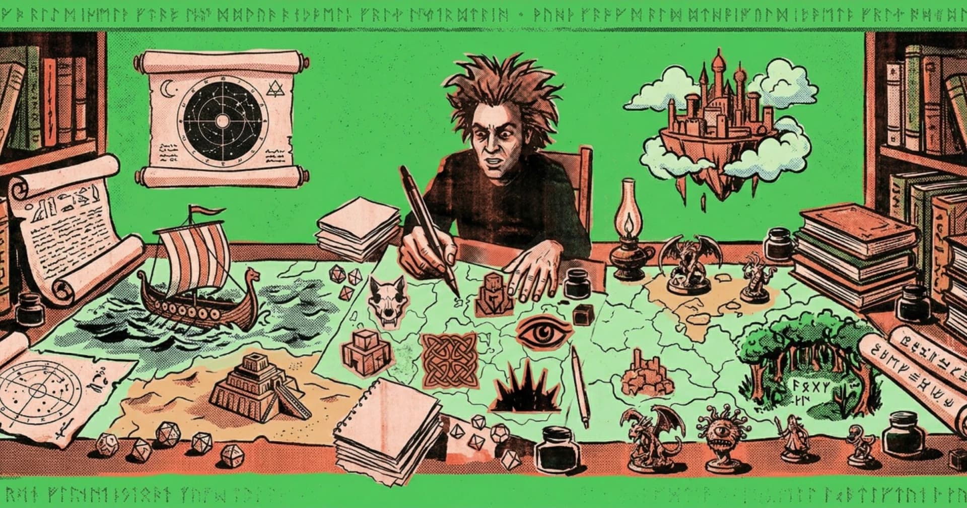 Ilustração em tons de verde de um escritor de cabelos desgrenhados numa escrivaninha desenhando sobre um mapa, cercado por pergaminhos, cartas estelares, um drakkar viking, uma cidade flutuante, dragões e livros, com borda de runas.
