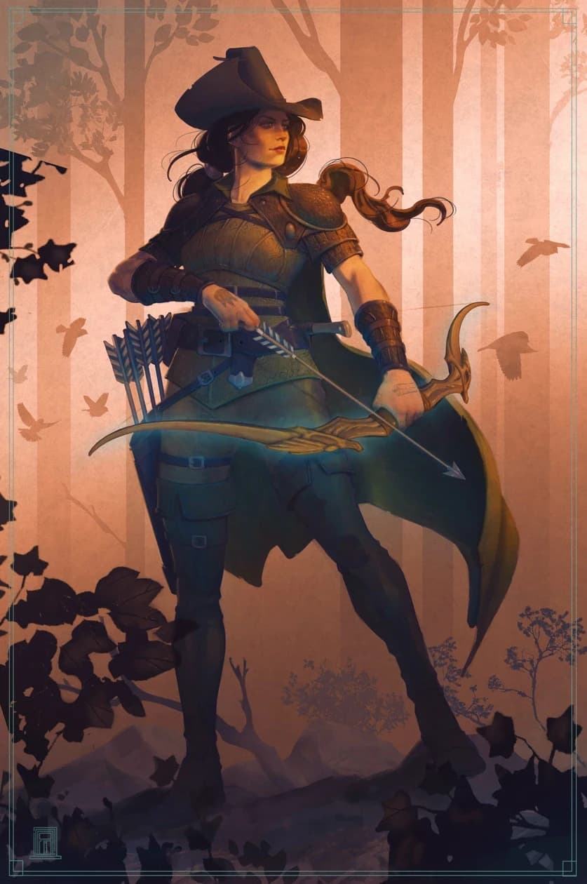 Ilustração de uma patrulheira de chapéu de aba larga empunhando arco e flecha, de capa, numa floresta estilizada com pássaros ao redor.