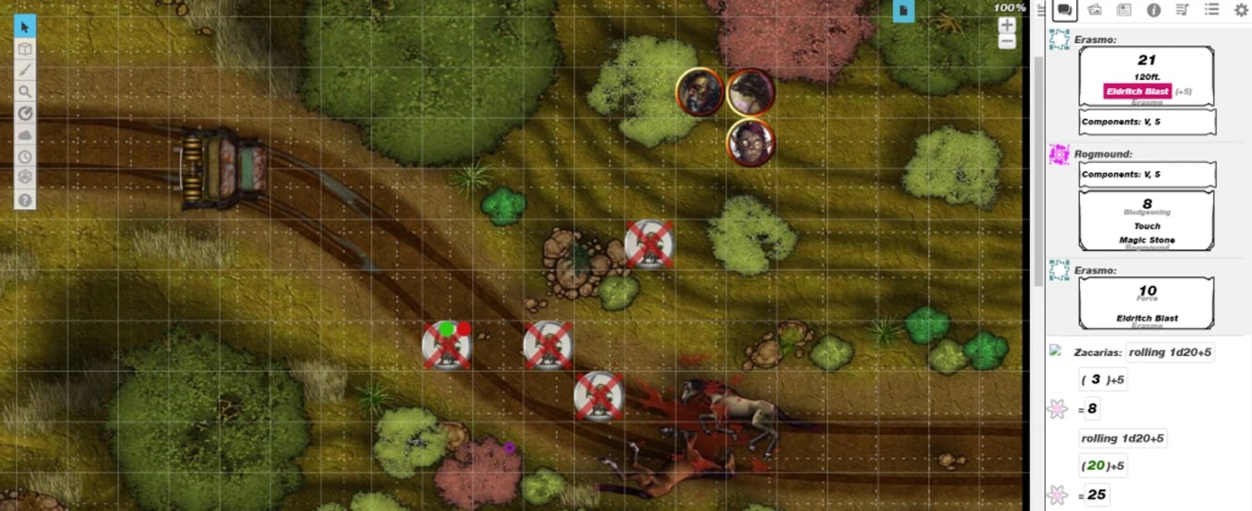 Captura de tela de mesa virtual de RPG com grade, tokens de personagens, carroça e painel lateral de magias e rolagens.