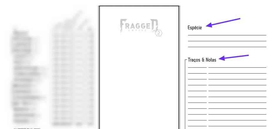 Detalhe da ficha de Fragged Empire com setas destacando os campos Espécie e Traços e Notas ao lado do logo do jogo.