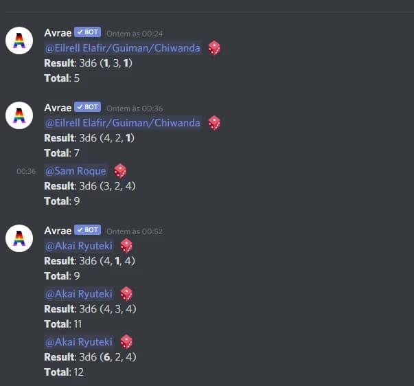 Captura de tela do Discord com rolagens de dados 3d6 feitas pelo bot Avrae, mostrando resultados e totais.