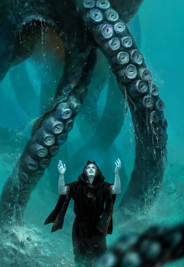 Arte de terror com cultista encapuzado erguendo as mãos diante de tentáculos gigantes de Cthulhu em águas esverdeadas.