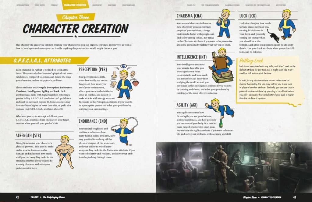 Páginas duplas do livro de RPG de Fallout, capítulo de criação de personagem, com atributos S.P.E.C.I.A.L. ilustrados pelo Vault Boy.
