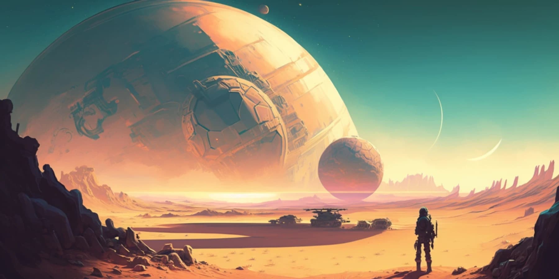 Ilustração de paisagem desértica alienígena com astronauta observando uma imensa megaestrutura esférica e um planeta no horizonte.