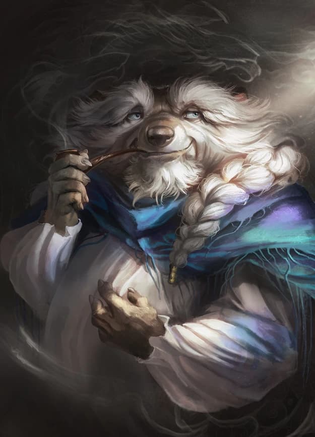 Ilustração de um ancião antropomórfico com feições de lobo, barba branca trançada e manto azul, fumando um longo cachimbo.