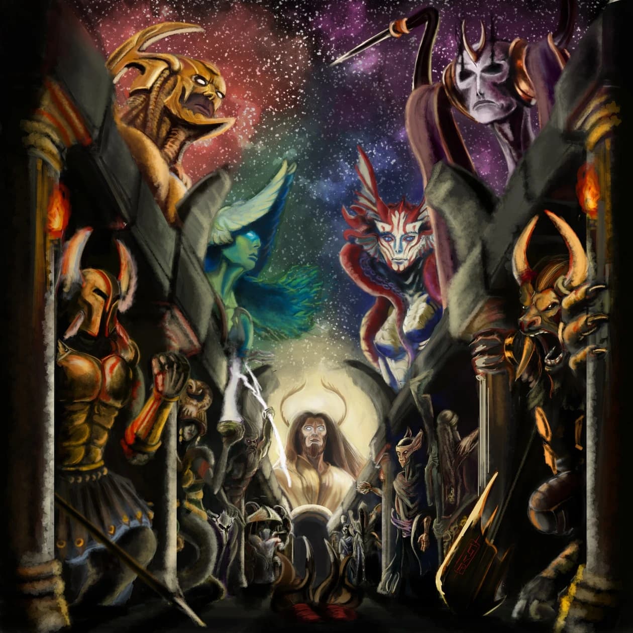 Panteão de deuses reunido num templo estrelado: divindades diversas cercando um profeta barbado de olhos brilhantes no centro, representando os domínios divinos.