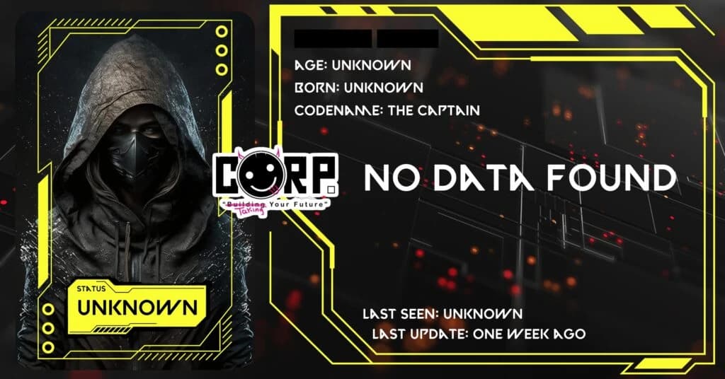 Dossiê de personagem em estilo cyberpunk com foto de figura encapuzada mascarada, codinome The Captain e aviso No Data Found.
