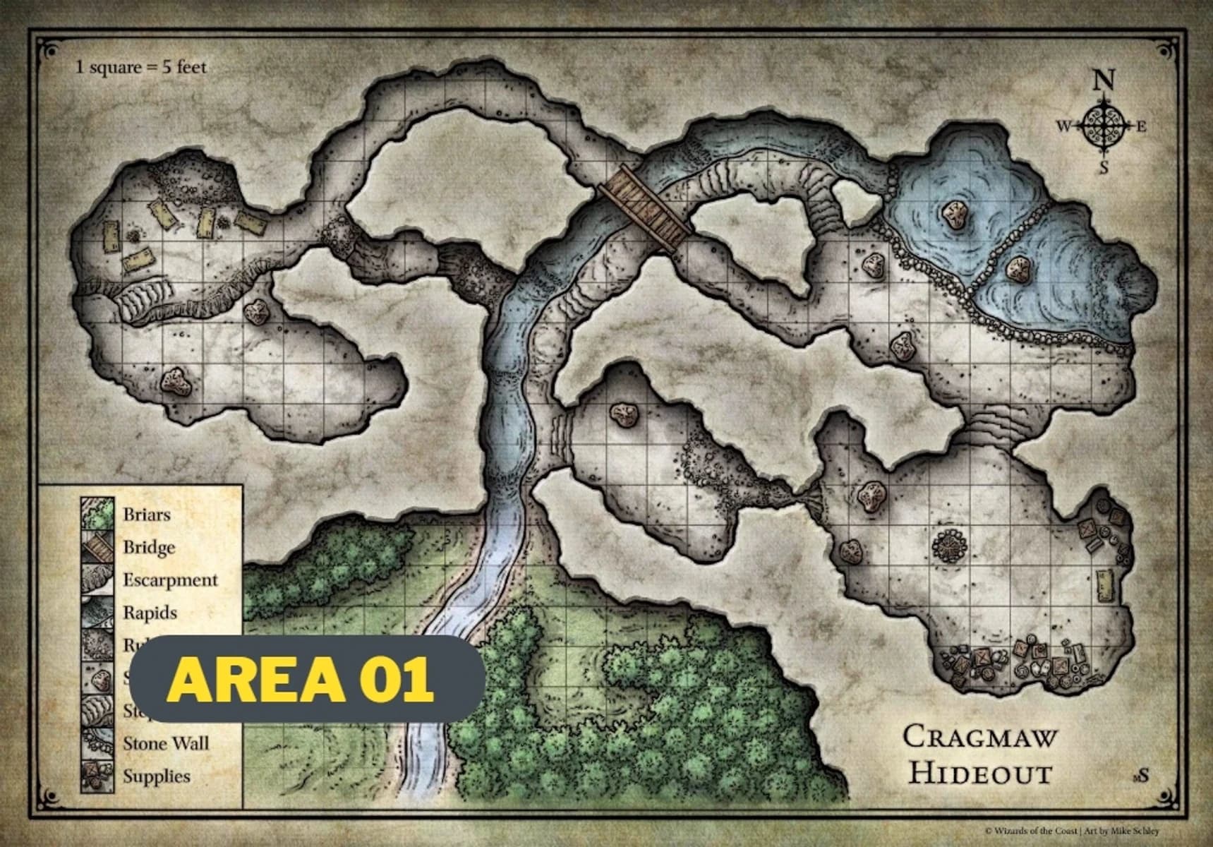 Mapa de batalha da caverna Cragmaw Hideout em papel envelhecido, com rio, ponte e etiqueta amarela AREA 01.