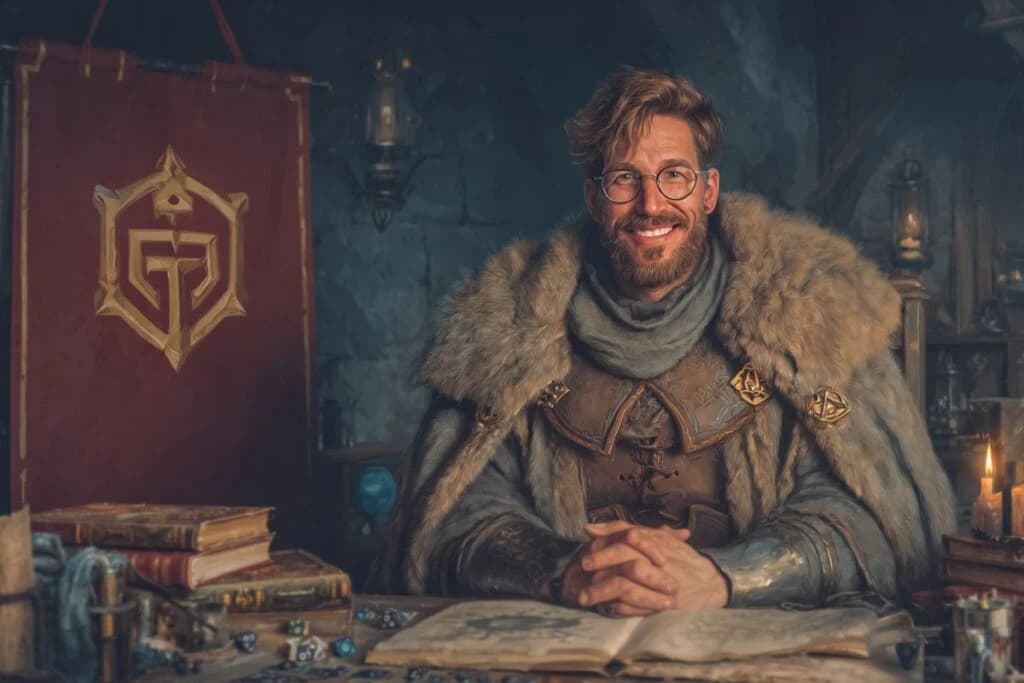 Ilustração de mestre de jogo sorridente, de armadura e capa de pele, sentado à mesa com livros, dados e estandarte vermelho ao fundo.