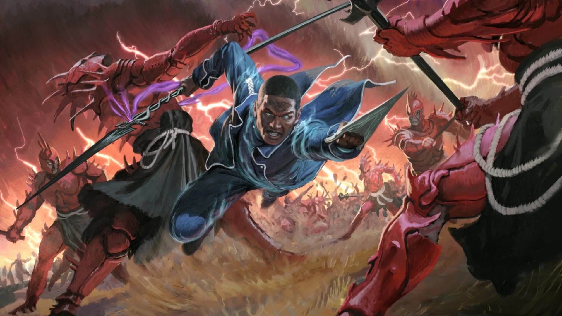 Arte do Cosmere RPG mostrando um guerreiro de azul saltando com um cajado em meio a criaturas vermelhas em um campo de batalha
