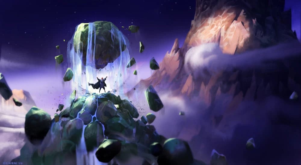 Figura encapuzada sobre um penhasco de cachoeira de onde brotam cristais verdes luminosos, sob um céu noturno roxo, com uma montanha em erupção à direita.