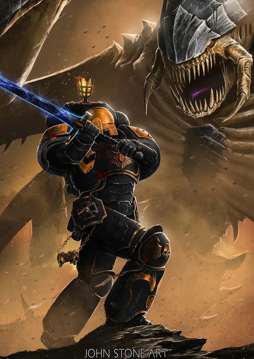 Space Marine de Warhammer 40k em armadura preta e dourada, ajoelhado empunhando uma espada de energia azul diante de um gigantesco monstro Tiranídeo.