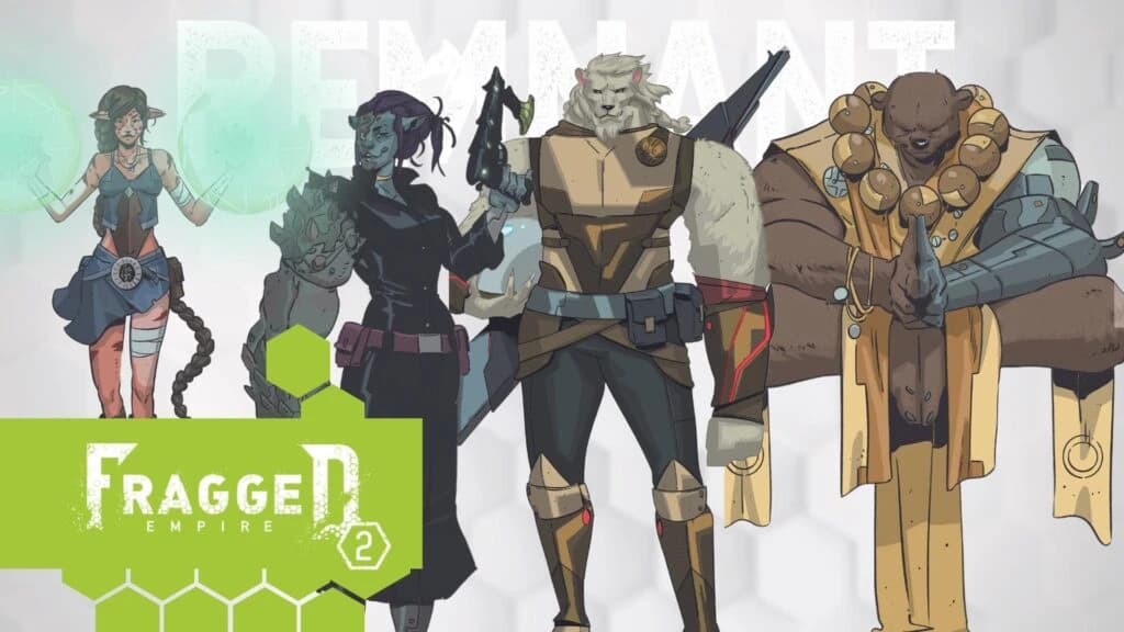 Arte conceitual da raça Remnant de Fragged Empire 2: guerreiros humanoides felino e urso, mulher élfica e criatura vegetal alinhados.