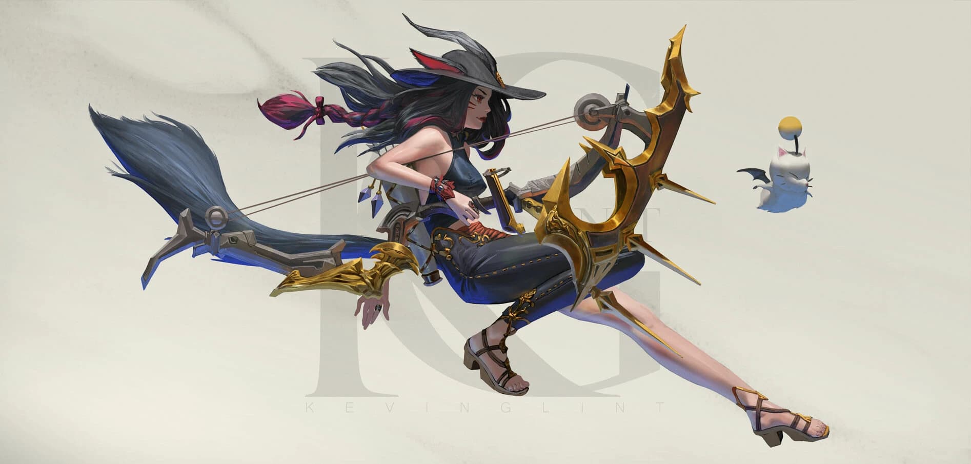 Ilustração de uma arqueira de chapéu de bruxa e cabelo preto com mecha rosa, montada num grande arco dourado ornamentado como se fosse uma vassoura, acompanhada de um moogle.