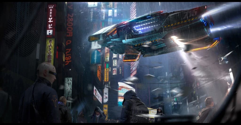Arte cyberpunk de rua chuvosa com veículo policial voando entre letreiros de neon japoneses e pedestres encapuzados.
