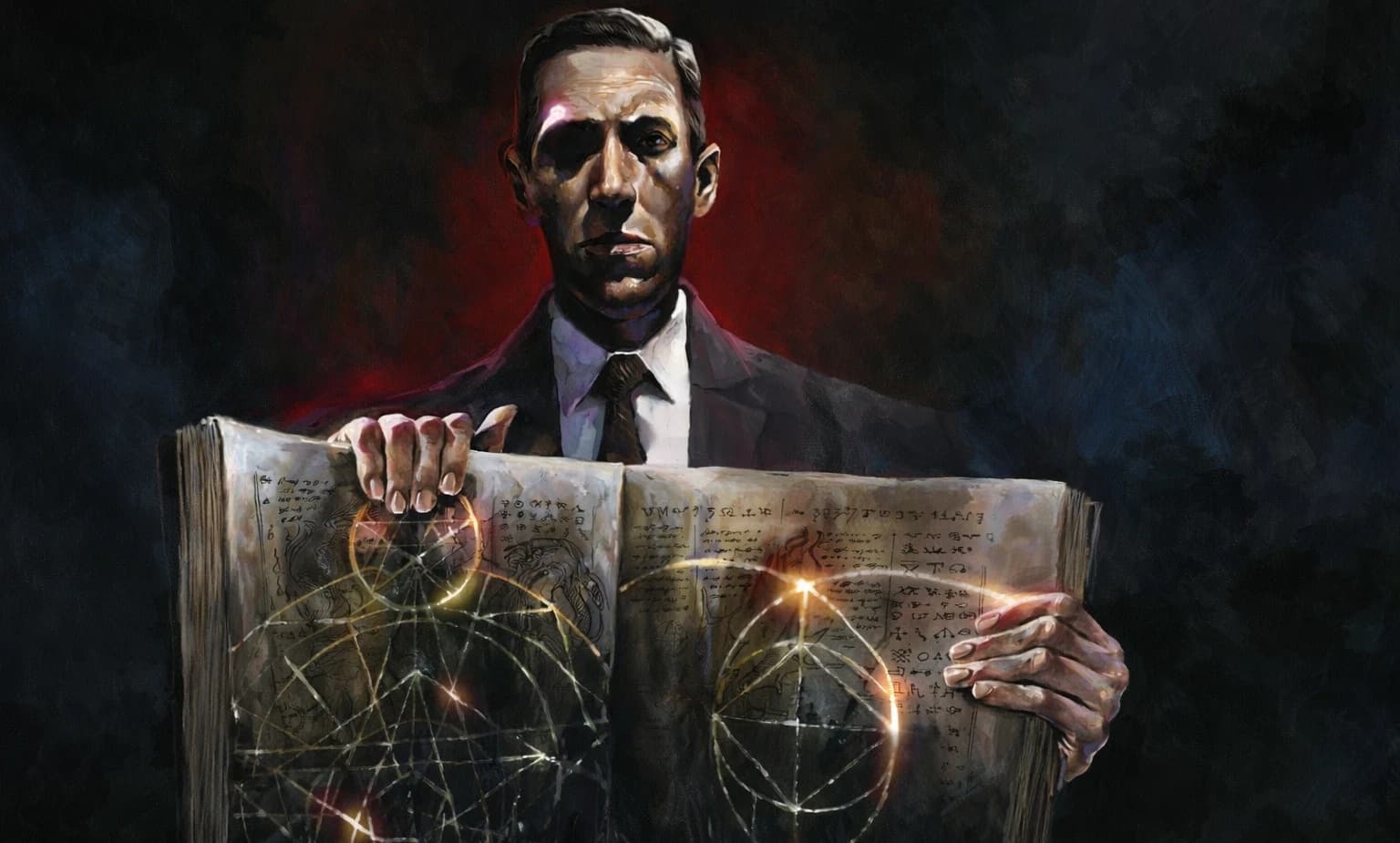 Pintura de H.P. Lovecraft, de terno e gravata, segurando aberto um tomo antigo com círculos mágicos luminosos, sobre fundo vermelho e escuro.