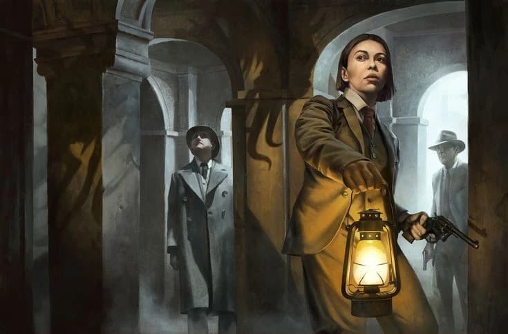 Três investigadores dos anos 1920 num corredor de arcos: uma mulher à frente segura uma lamparina acesa e dois homens a acompanham, com a sombra de um tentáculo na parede.