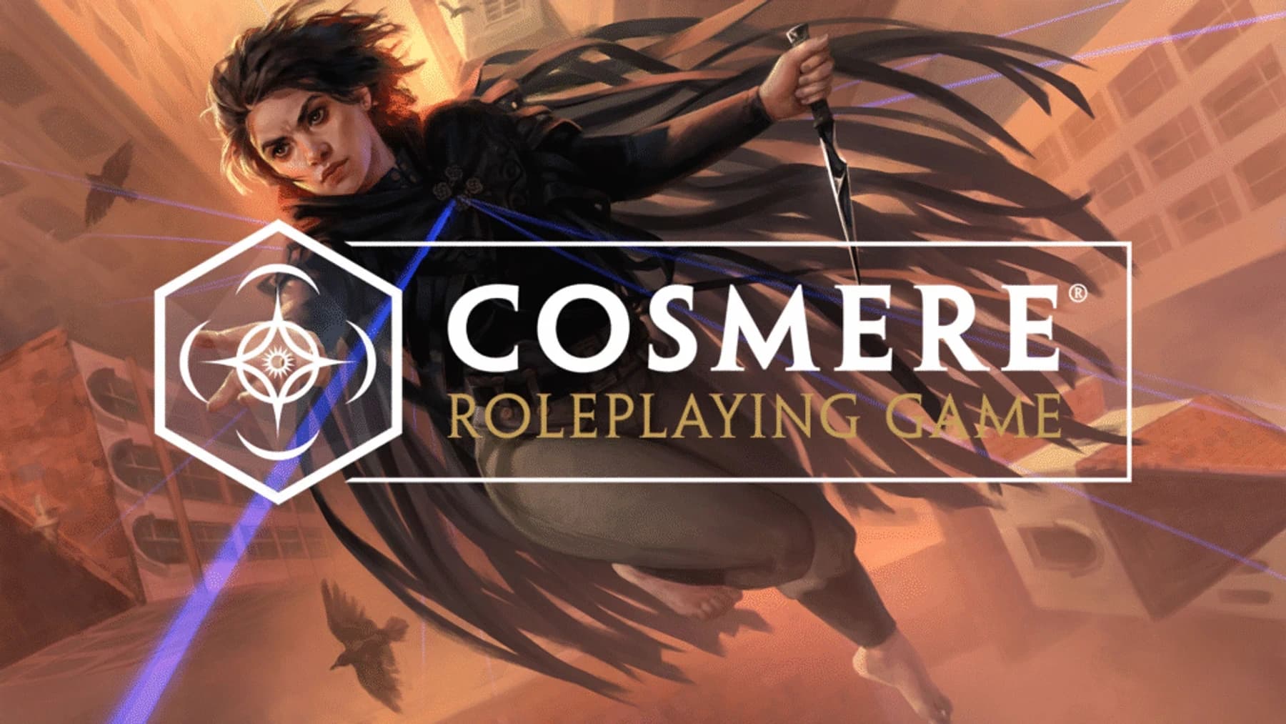 Arte promocional do Cosmere Roleplaying Game com uma personagem saltando entre prédios e o logo do jogo em destaque