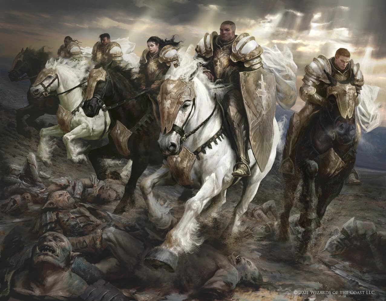Cavaleiros de armadura dourada cavalgando cavalos brancos e negros sobre um campo de batalha coberto de orcs caídos, sob um céu dramático.