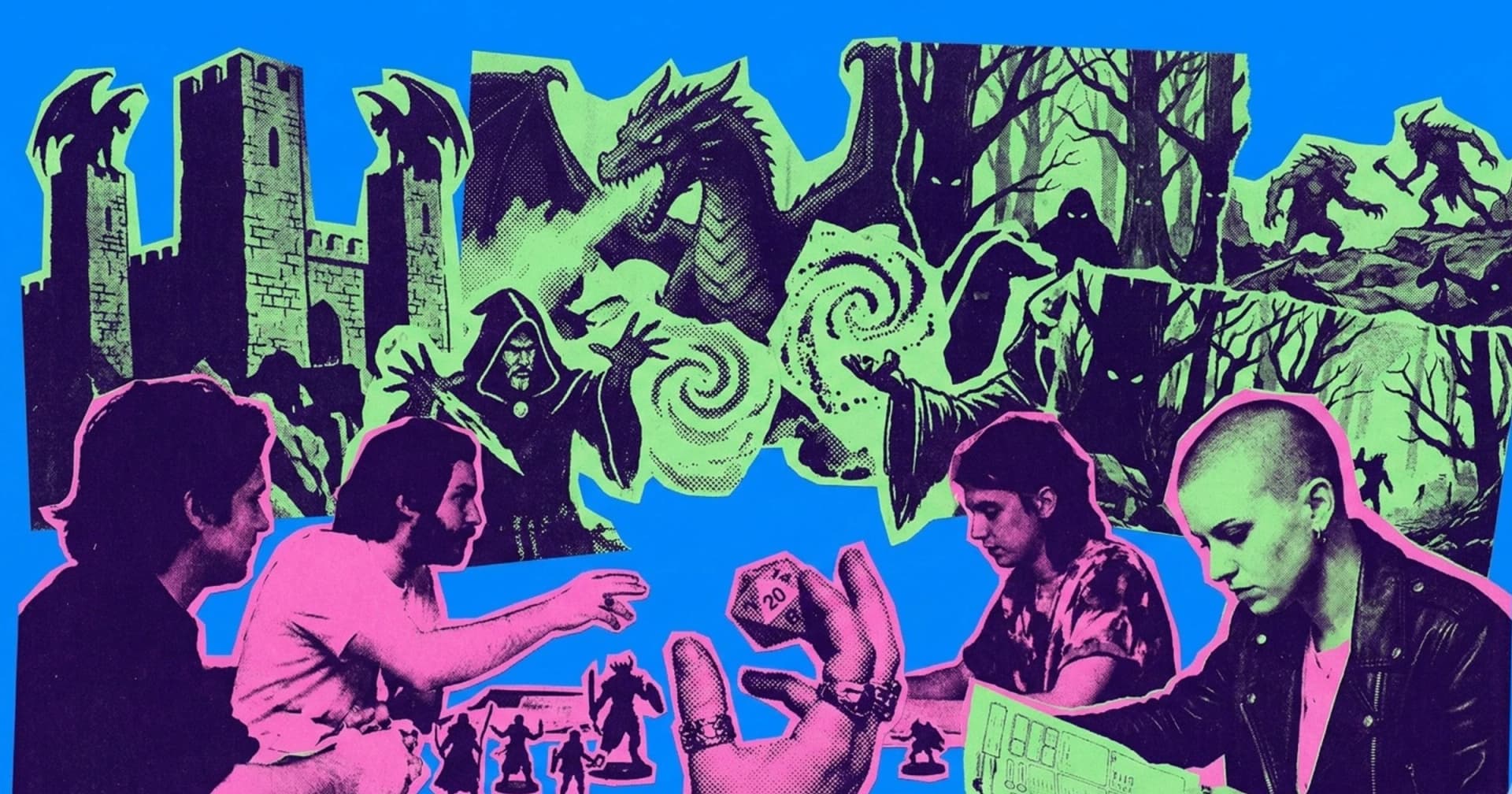 Colagem pop-art em tons de azul, verde e rosa: jogadores de RPG numa mesa, uma mão erguendo um d20 no 20 e miniaturas, com um cenário de fantasia acima (torres de castelo, um dragão, um feiticeiro encapuzado e uma floresta sombria).