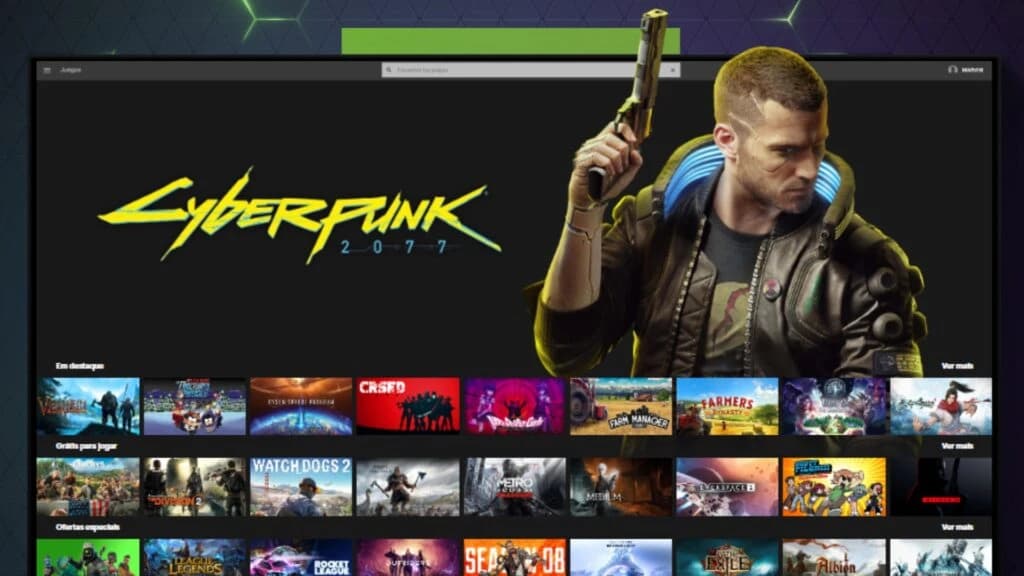 Interface de plataforma de jogos exibindo banner de Cyberpunk 2077 e uma grade de capas de vários games.