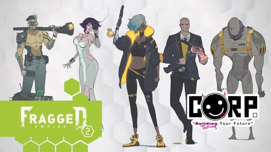 Line-up de personagens estilizados de Fragged Empire 2 com o logo CORP, incluindo mercenário armado e executivos.